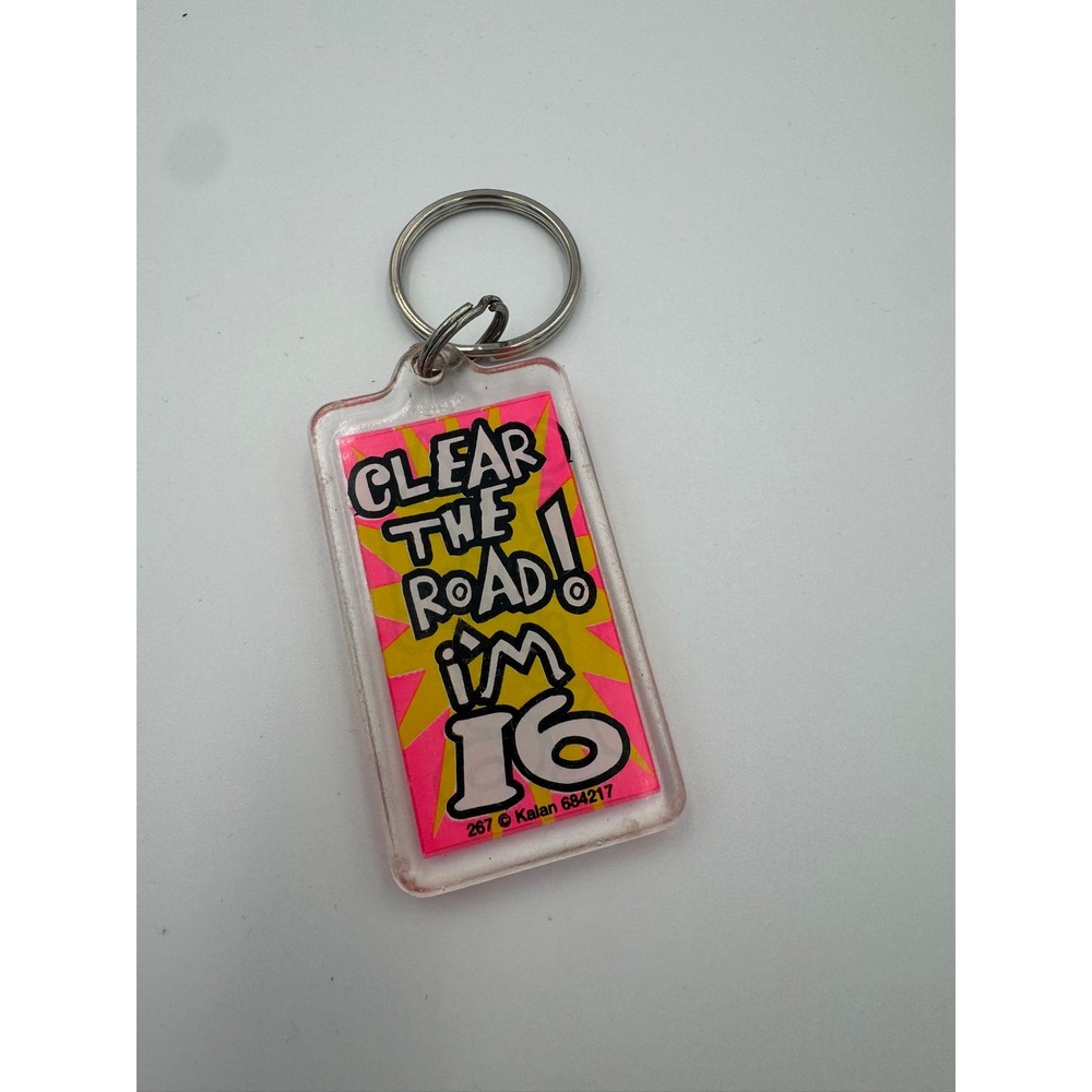 Vintage Kalan Clear The Road I'm 16 Keychain Neon Pink Yellow Retro New Driver